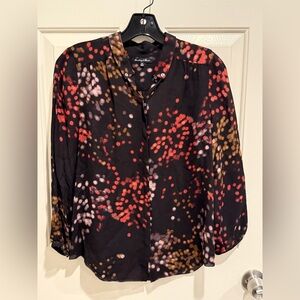 Chic Black Blouse with Red and Gold Patterns